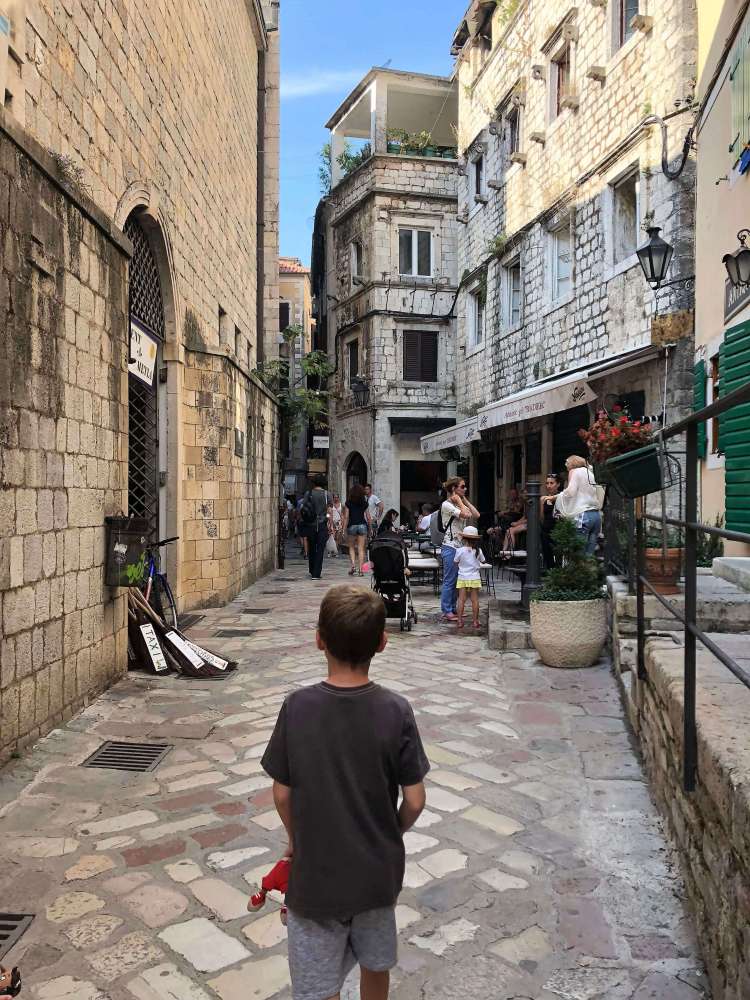 streets of Kotor, Montenegro with kids